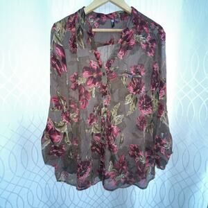 Kut from the Kloth Women's XL Floral Sheer Blouse Long Sleeve Casual